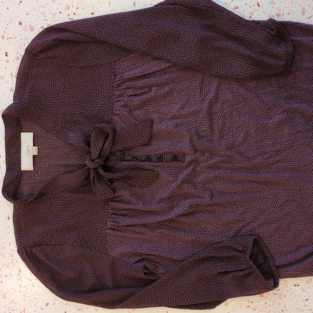 LOFT | Plum Patterned Blouse 5 Button Bow Tie Semi-Sheer and Knit Mix | S